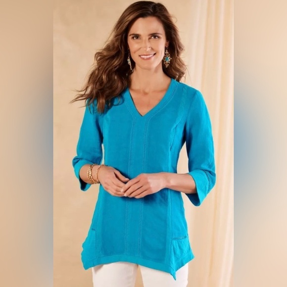 Soft Surroundings Women’s Leonie Linen Tunic Top Large Caribbean Turquoise Boho - Picture 1 of 8